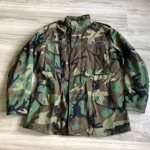 Vintage 80s Heavyweight M65 Camouflage Coat Hidden Hood + US Navy Patch